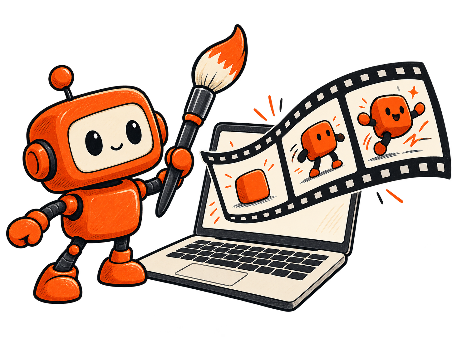 Robô ilustrado criando uma animação no laptop