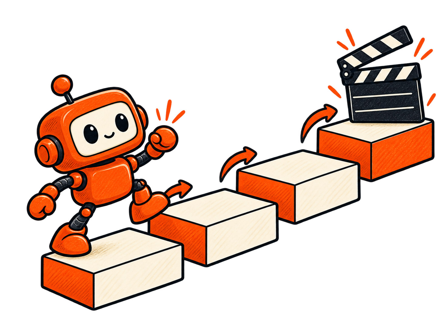 Robô subindo etapas de criação de um vídeo
